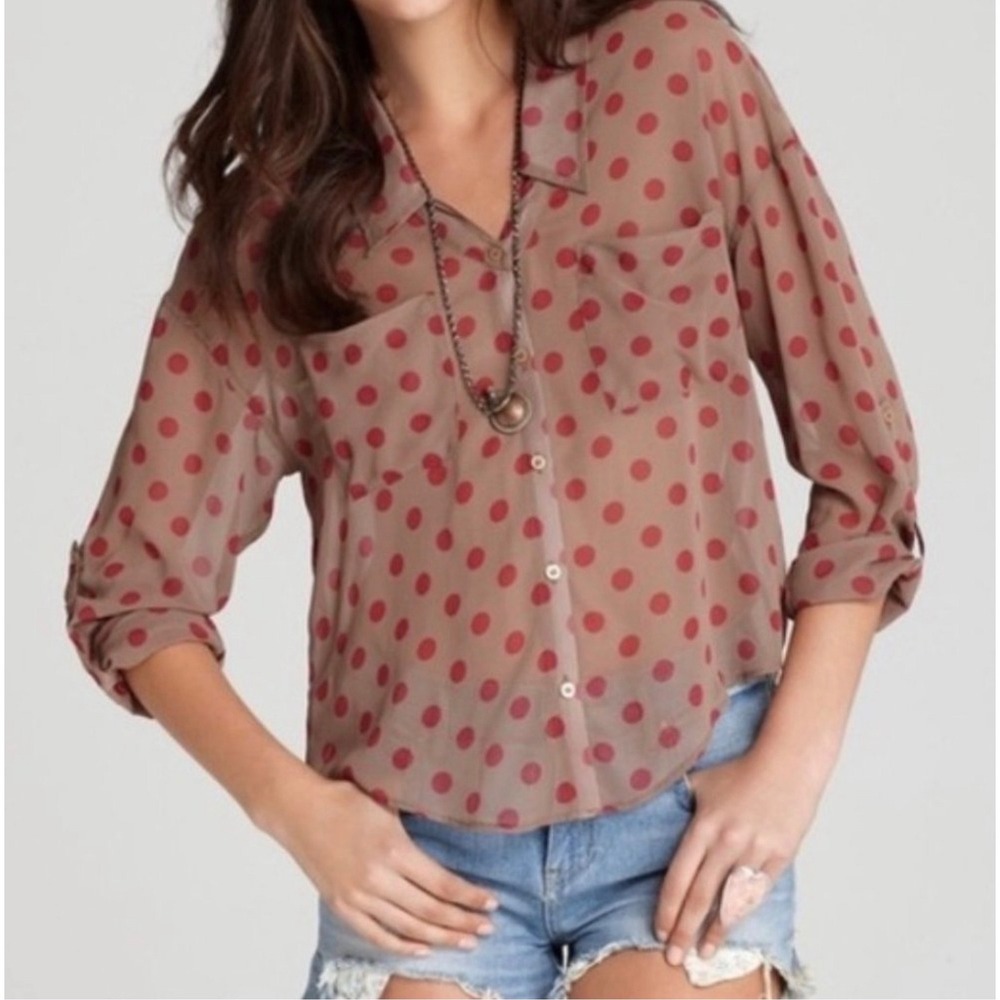 Free People Easy Rider Sheer Polka Dot Blouse Tan Copper Red XS High Low Hem
